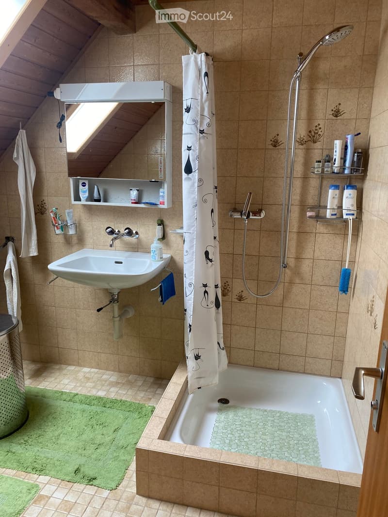 Bathroom with a bathtub, sink, mirror, and shower area. Features a shower curtain with cat designs, a towel, and a bathroom shelf with toiletries.