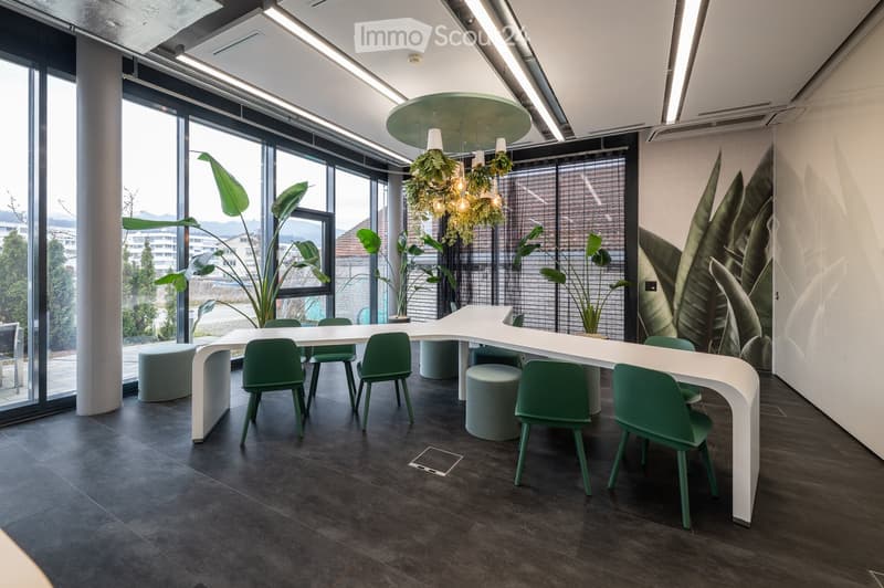 Modern office space with a white curved table, green chairs, grey stools, large windows, hanging plants, and a leafy mural on the wall.