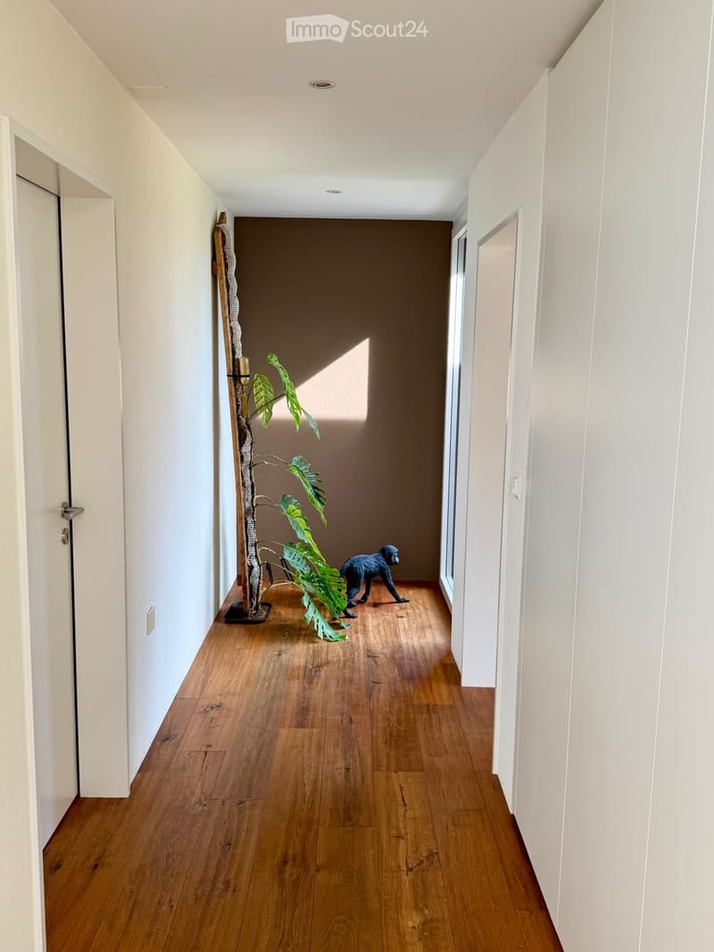 A long, narrow hallway with wooden flooring, white walls, and a decorative plant in a pot. A small statue or sculpture is placed near the plant, and a door is visible on the left side.