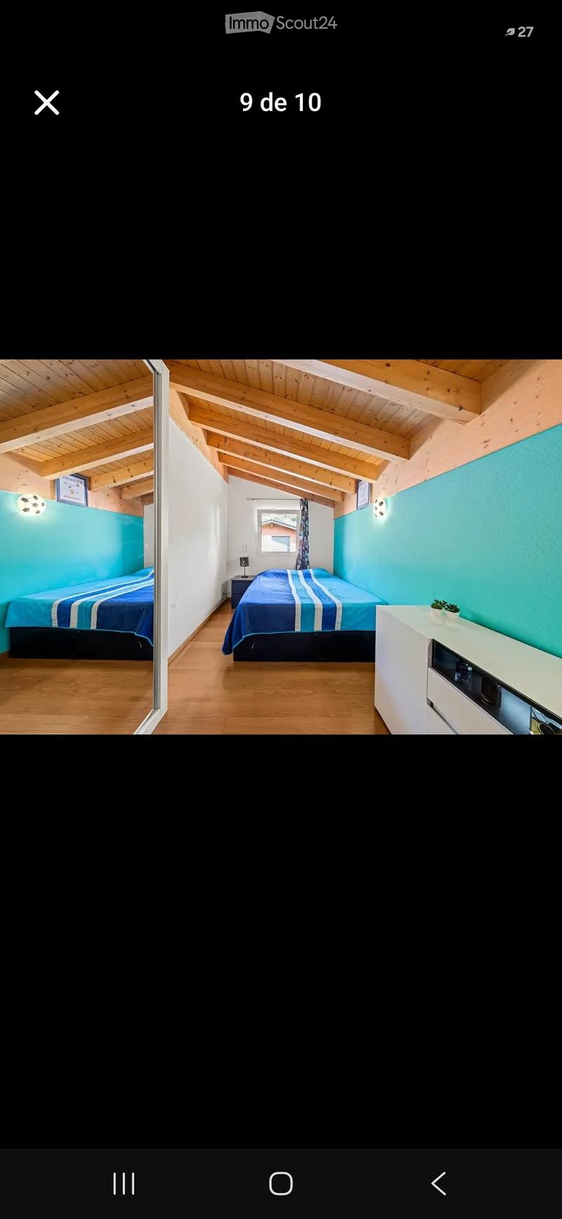 Cozy bedroom with wooden slanted ceilings, two single beds, nightstands, a small cabinet, and a potted plant on the cabinet.