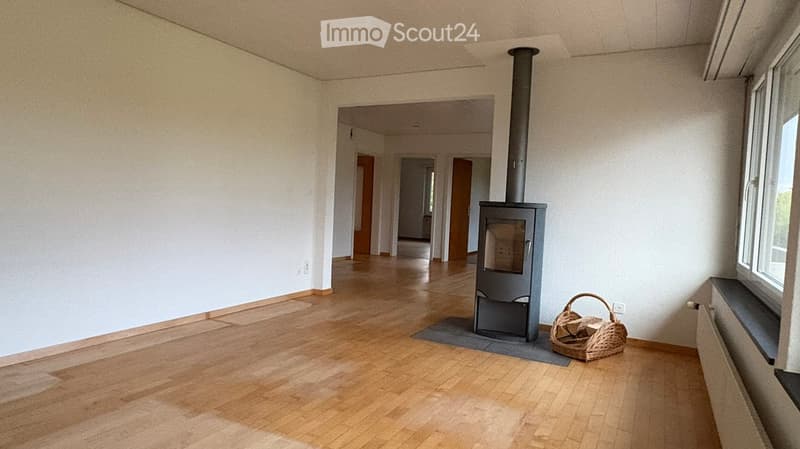 Empty room with wooden flooring, white walls, and a fireplace with a chimney. A small woven basket is placed near the fireplace.