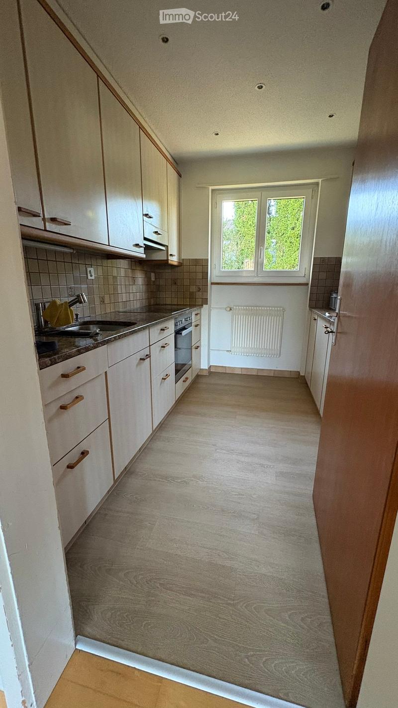 Empty kitchen with white cabinets, wooden handles, tiled backsplash, and a window overlooking greenery. The floor is light wood, and the space is clean and uncluttered.