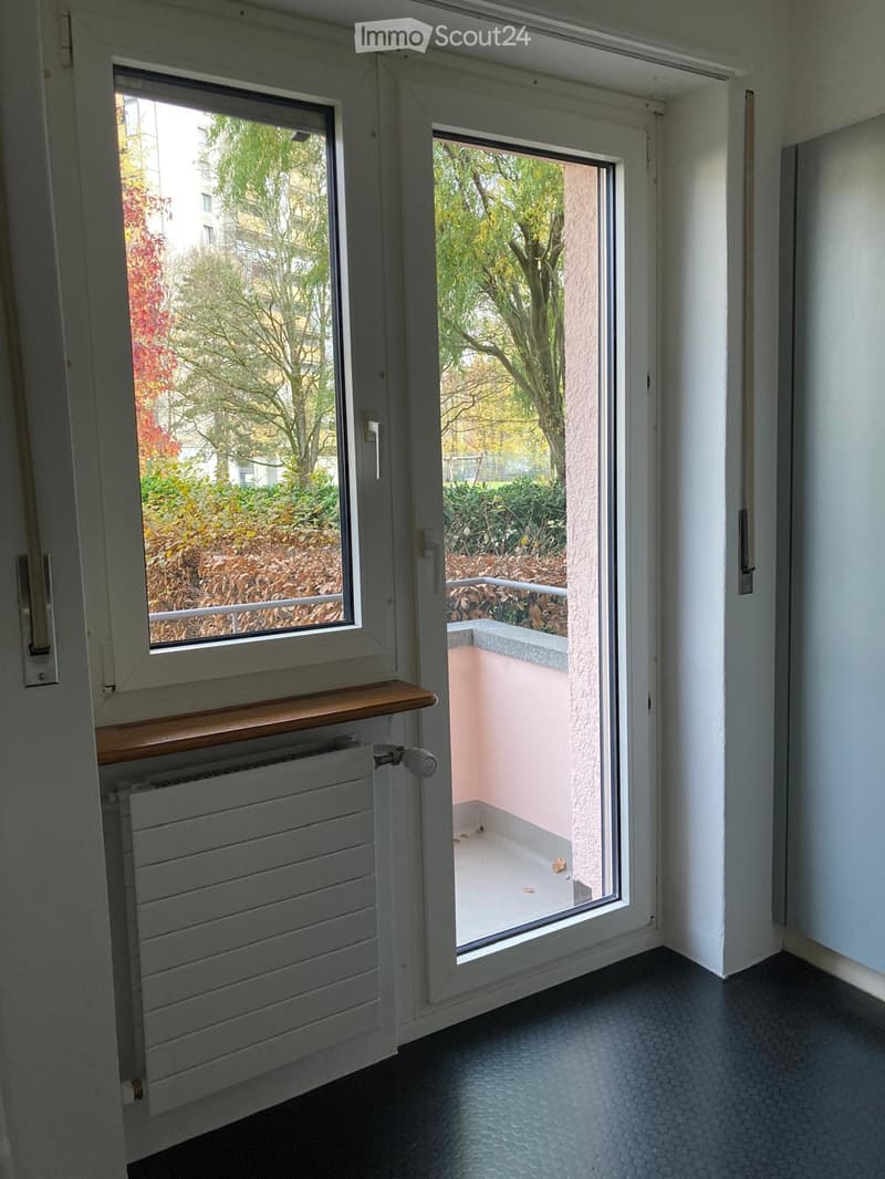 Hallway with a window and a sliding glass door leading to a small balcony. The hallway has a radiator and a wooden shelf above it.