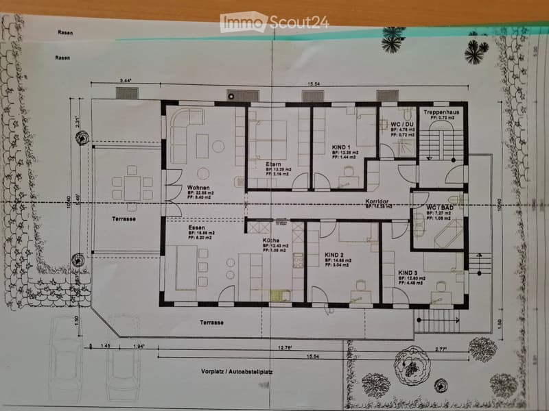 Floor plan of a house with living room, dining room, kitchen, three bedrooms, bathrooms, staircase, and terraces.