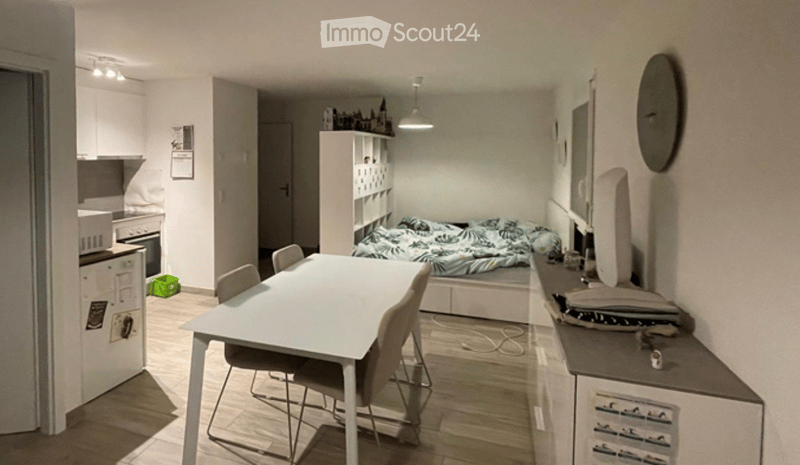 A compact studio apartment with a bed, dining table, chairs, kitchen area, and a TV screen. The space features modern furniture and a cozy layout.