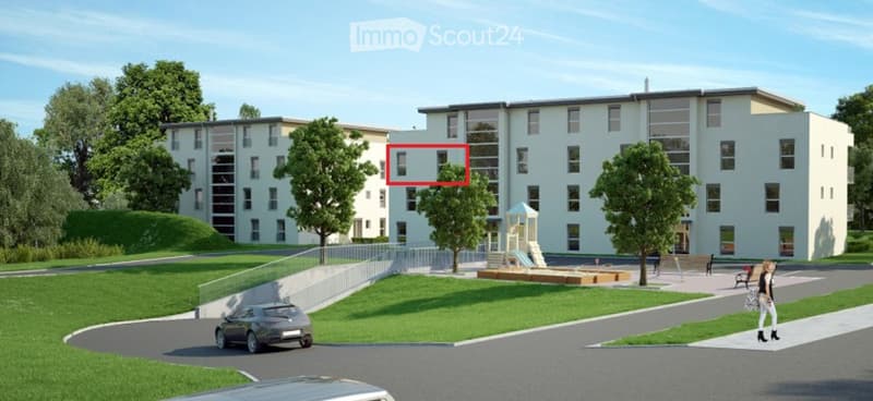 Modern multi-story residential building with light-colored facade, large windows, and a landscaped area with a playground and parking space.