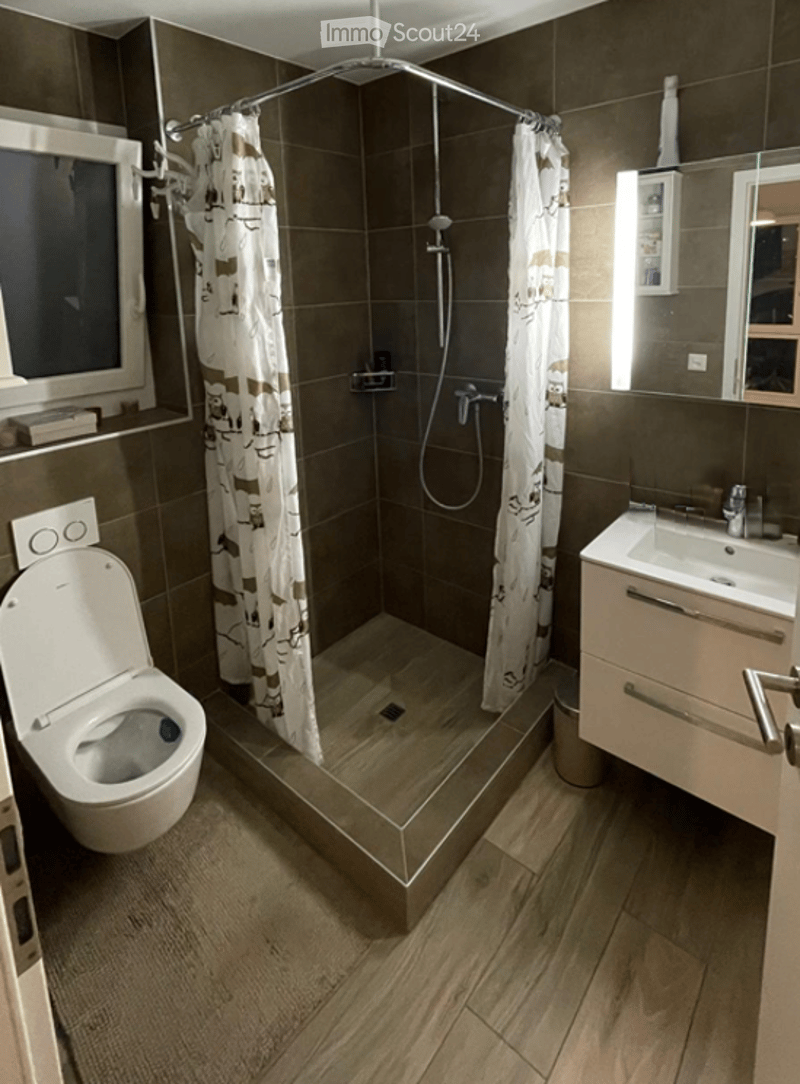 Modern bathroom with dark brown tiles, a walk-in shower with a curtain, a toilet, a sink with a cabinet, and a mirror above the sink.