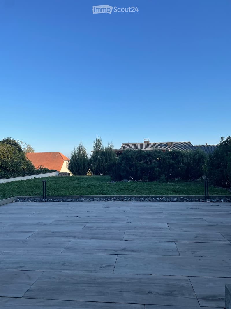 A spacious, paved outdoor area with a smooth stone tile surface, surrounded by a low stone border and a grassy slope. In the background, there are trees and a building with a red-tiled roof.