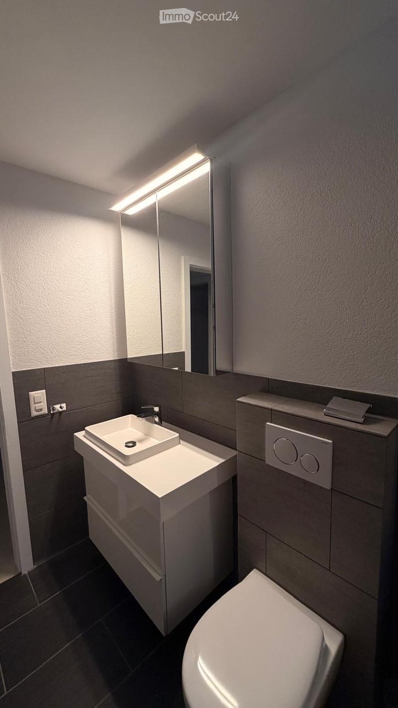 Modern bathroom with a white sink, toilet, and large mirror with built-in lighting. Grey tiles and dark flooring.