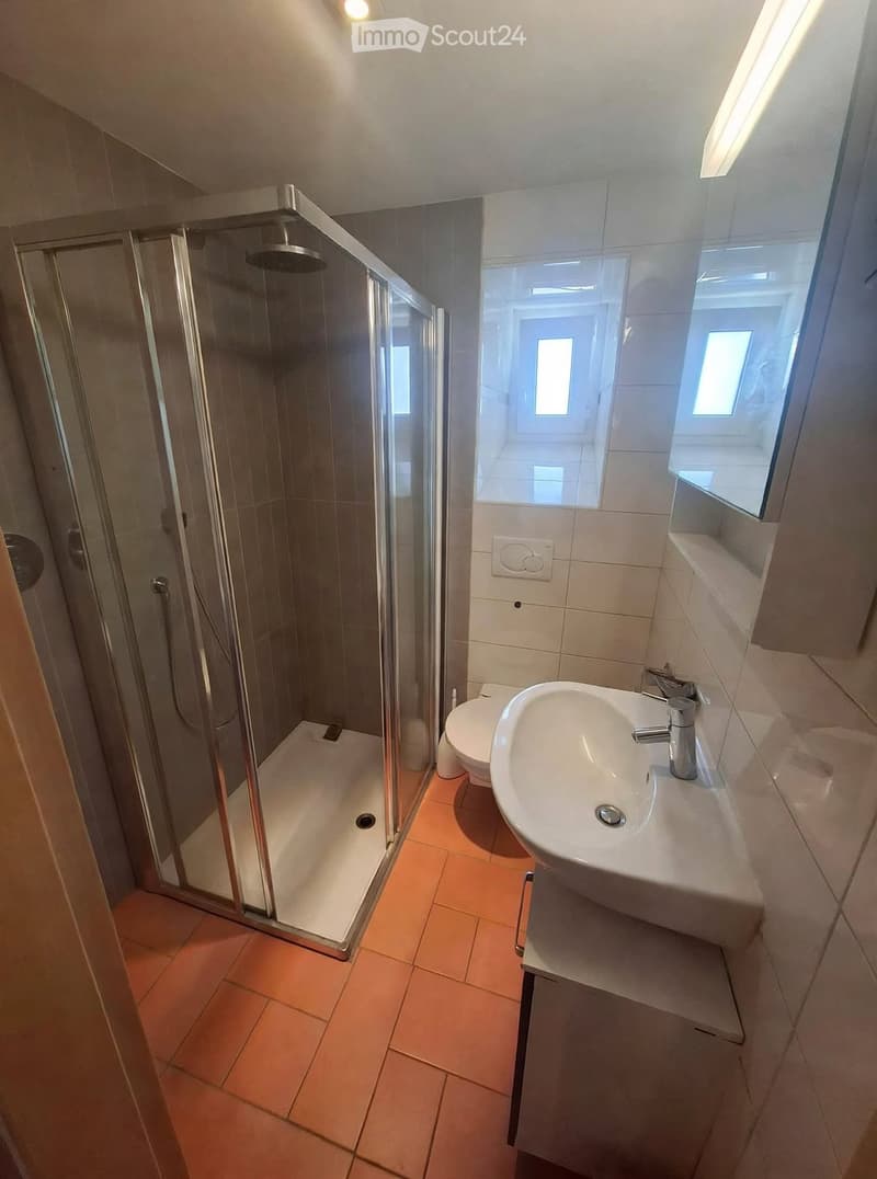 Modern bathroom with a glass-enclosed shower, a white sink with a chrome faucet, and a toilet. The floor is tiled in warm orange tiles, and the walls are tiled in light beige.