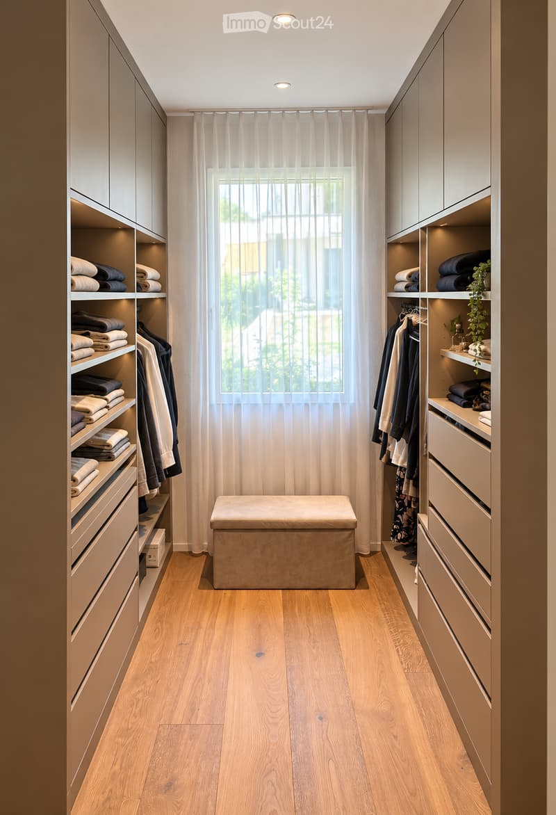 Modern walk-in closet with built-in wardrobes, shelves, and a central bench. The space features light wood flooring, neutral tones, and a large window with sheer curtains.