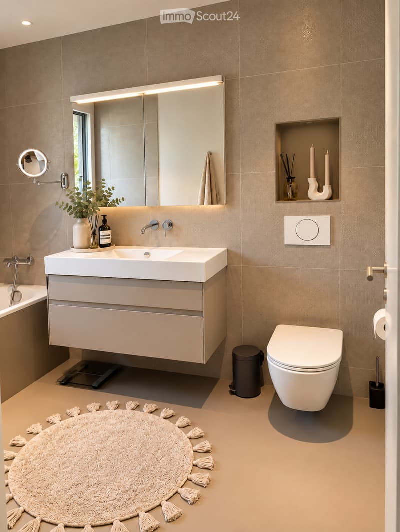 Modern bathroom with beige tiles, a large sink with a modern faucet, a sleek mirror with built-in lighting, a toilet, a small trash can, a round rug with tassels, and decorative candles on a shelf.