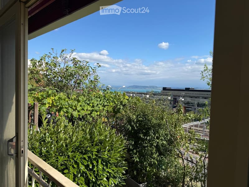 Balcony with lush green foliage, overlooking a scenic view of the ocean and distant cityscape under a clear blue sky.