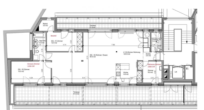 Floor plan of a 4.5-room apartment with living/dining area, kitchen, 2 bedrooms, 2 bathrooms, and a terrace.