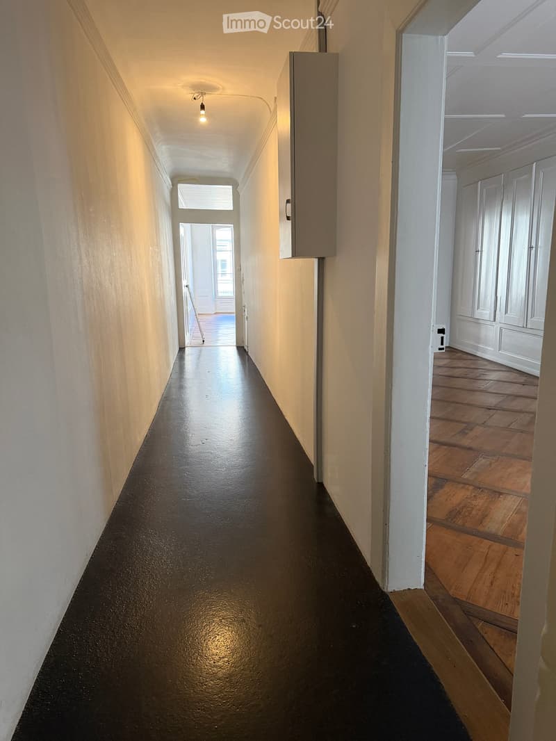Long, narrow hallway with dark, glossy flooring and white walls. Features a small window at the far end and a door leading to another room with wooden flooring.