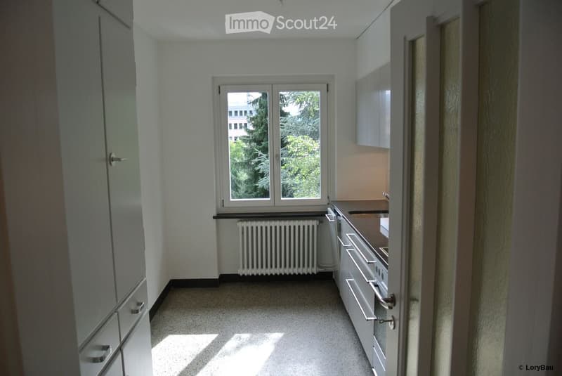 Empty kitchen with white walls, grey cabinets, a window with a view of greenery, and a radiator below the window.