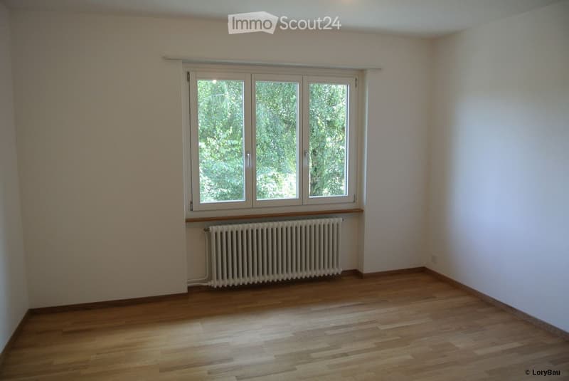 Empty room with wooden flooring, white walls, and a large window with a radiator below it.