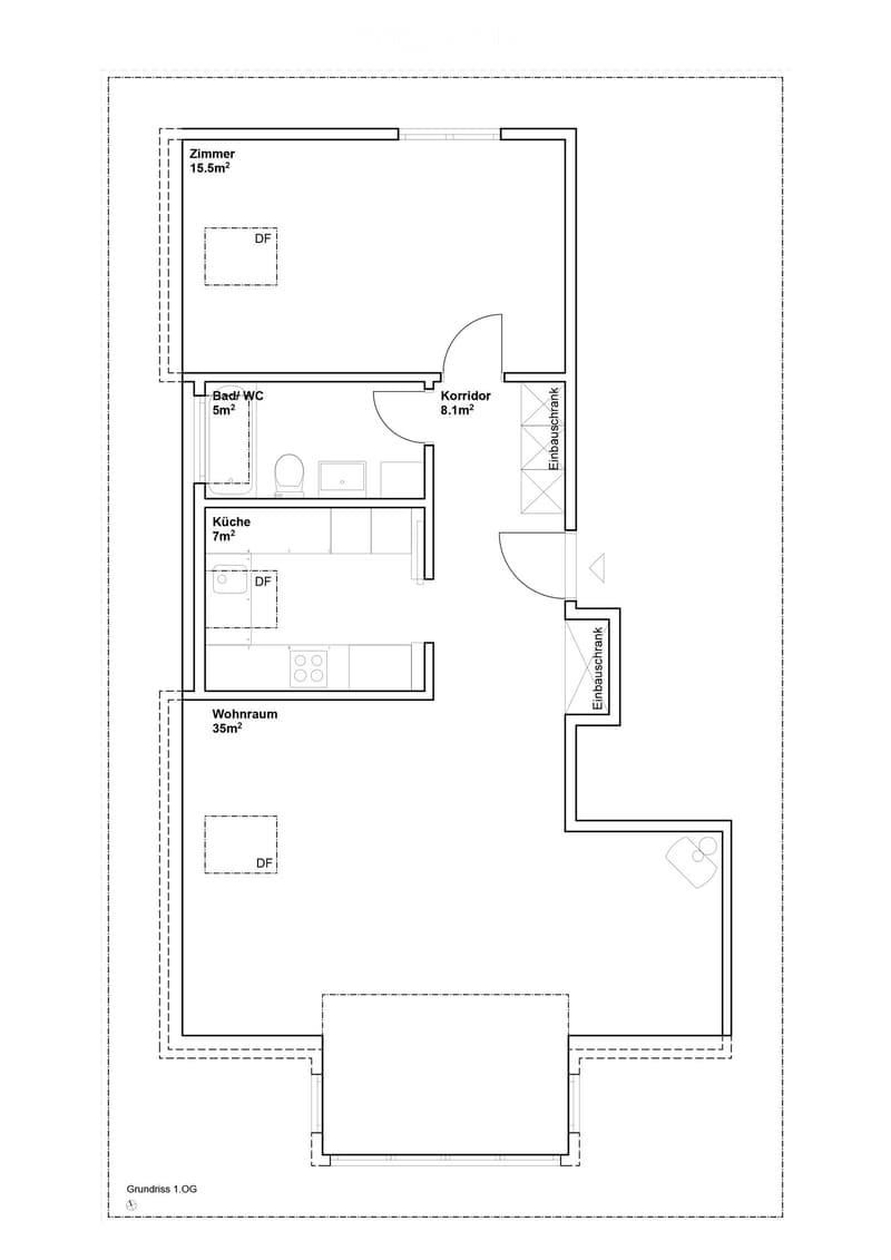 Floor plan of a 1st floor apartment with a living room (35m²), kitchen (7m²), bathroom/WC (5m²), bedroom (15.5m²), and hallway (8.1m²).