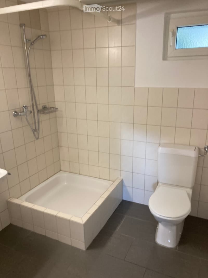 Bathroom with a bathtub, toilet, and showerhead. Light-colored tiles on walls and a small window above the bathtub.
