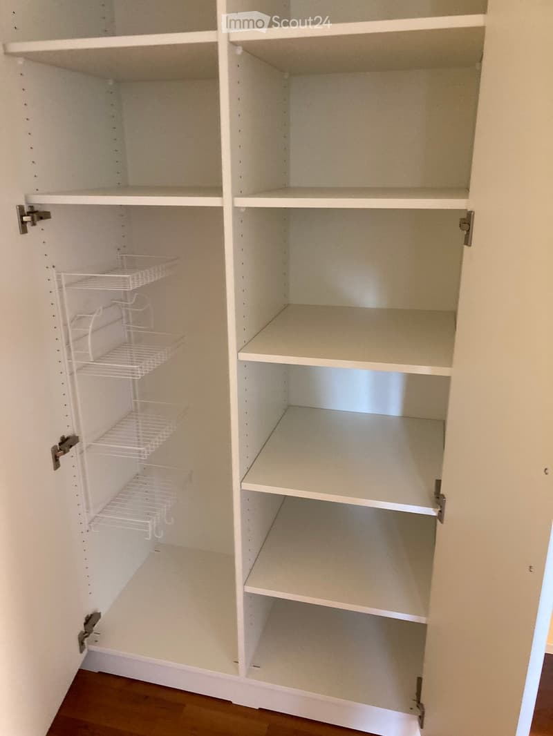 Empty kitchen cabinet with multiple shelves and a wire basket on one side.