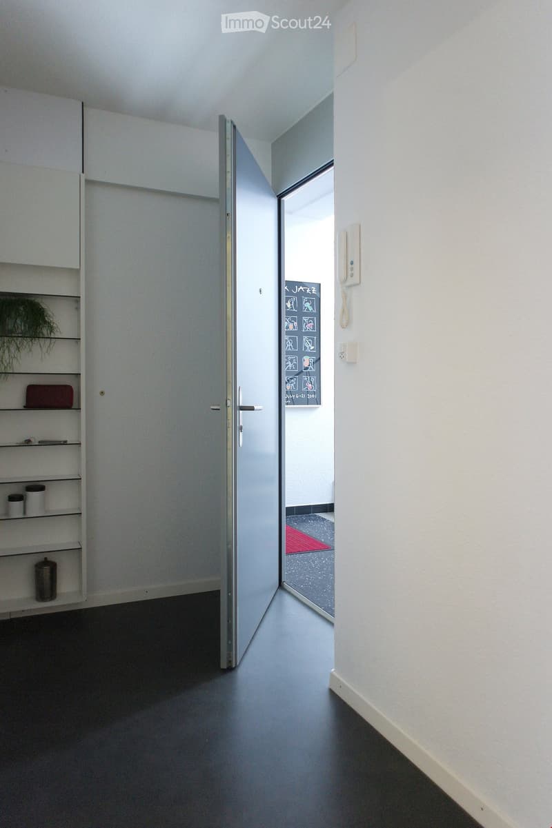 A modern hallway with white walls, dark flooring, and a partially open door leading to another room. A small shelf with a plant and a few items is visible on the left side.