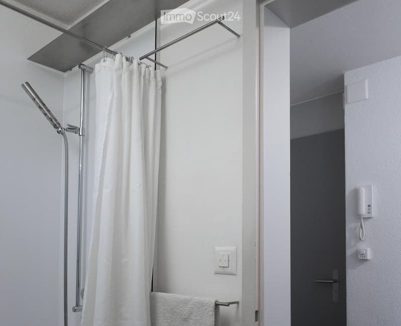 Modern bathroom with a white shower curtain, a towel on a rack, a showerhead, and a door leading to another room.