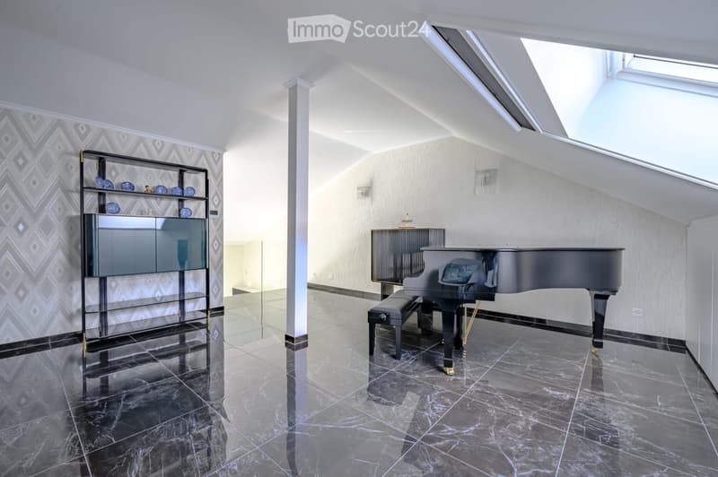 Furnished Room. Modern room with marble flooring, piano, cabinet, and decorative items.