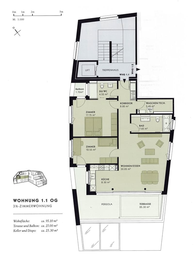 Floor plan of a 3-room apartment on the 3rd floor, including living-dining area, kitchen, 2 bedrooms, bathroom, hallway, and balcony.
