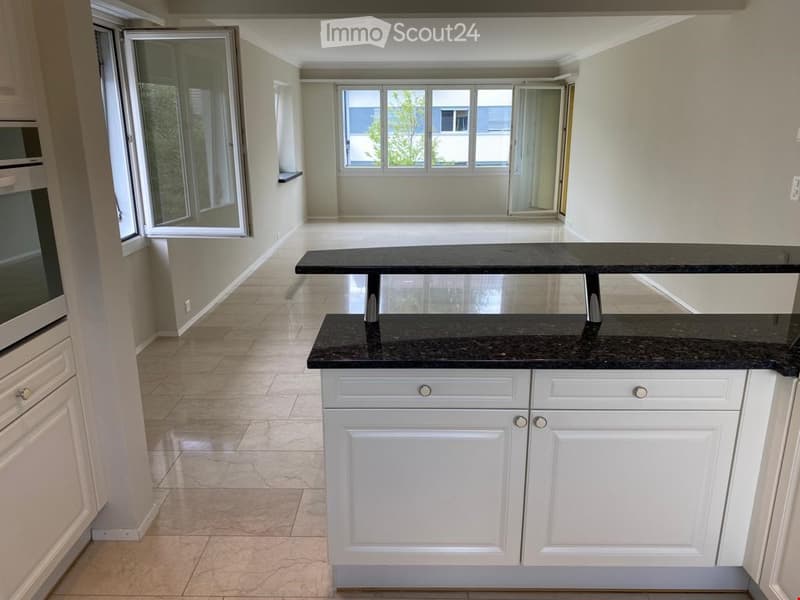 Modern kitchen with white cabinets, black granite countertop, and large windows.