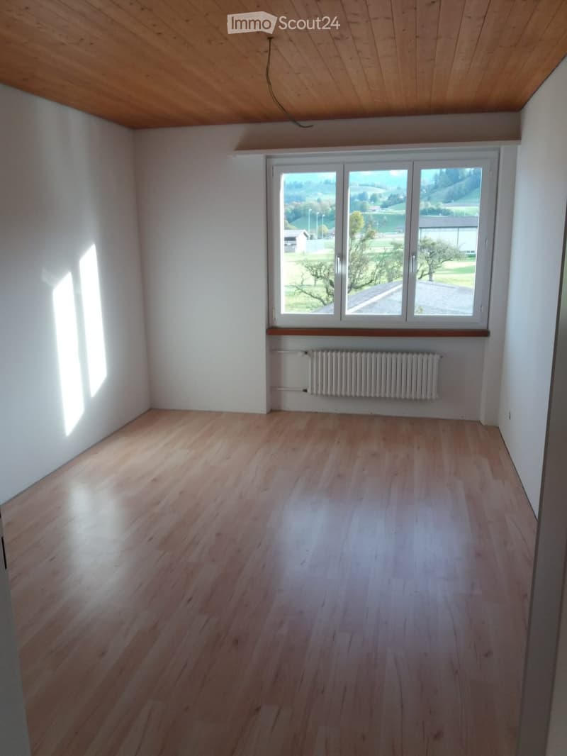 Empty room with wooden flooring, white walls, large window with view, and radiator below the window.