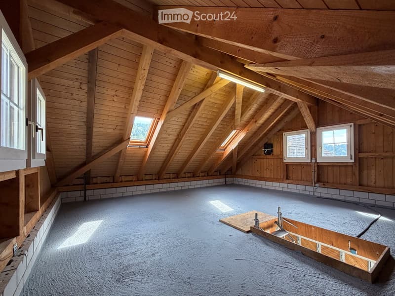 An empty attic space with wooden beams, exposed rafters, and skylights, featuring a concrete floor and wooden panel walls.