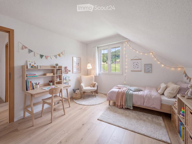 Cozy attic bedroom with a bed, desk, chair, and shelves. Features large windows with a scenic view, string lights, and decorative elements.