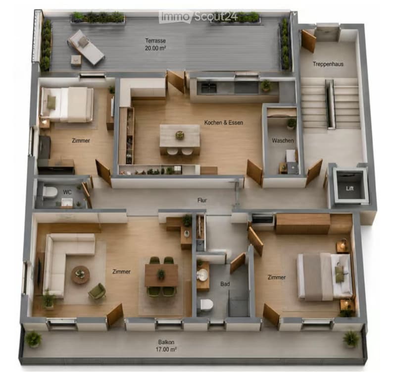 3D floor plan of a modern apartment with multiple rooms including living room, dining area, kitchen, bedrooms, bathrooms, and a balcony.