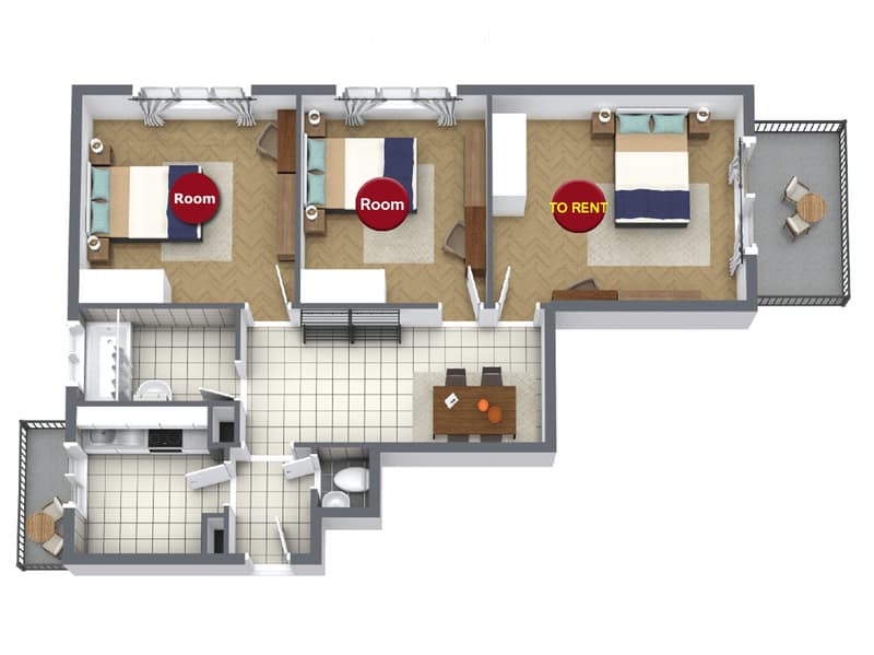 Layout includes three bedrooms, a kitchen, a bathroom, and a living area with dining space.