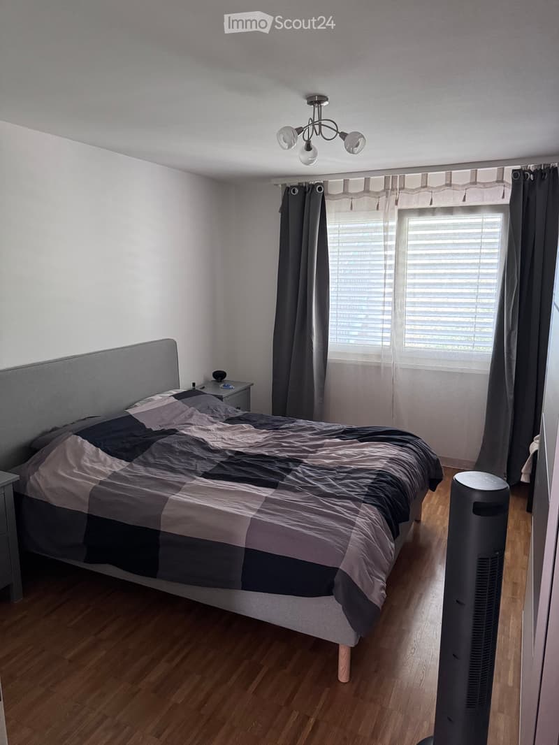 Bedroom with wooden flooring, a large bed with grey and black bedding, a nightstand, a fan, and a window with curtains.