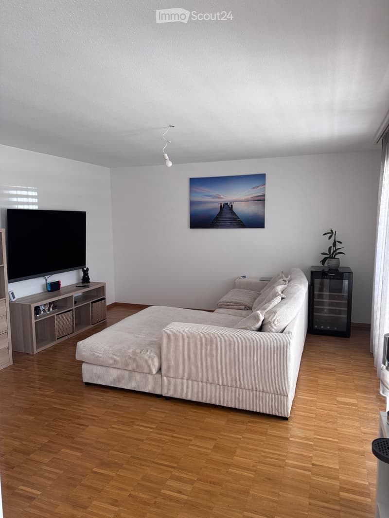 Modern living room with a large sectional sofa, coffee table, flat-screen TV, and a wine cabinet. The room features wooden flooring and a large painting on the wall.