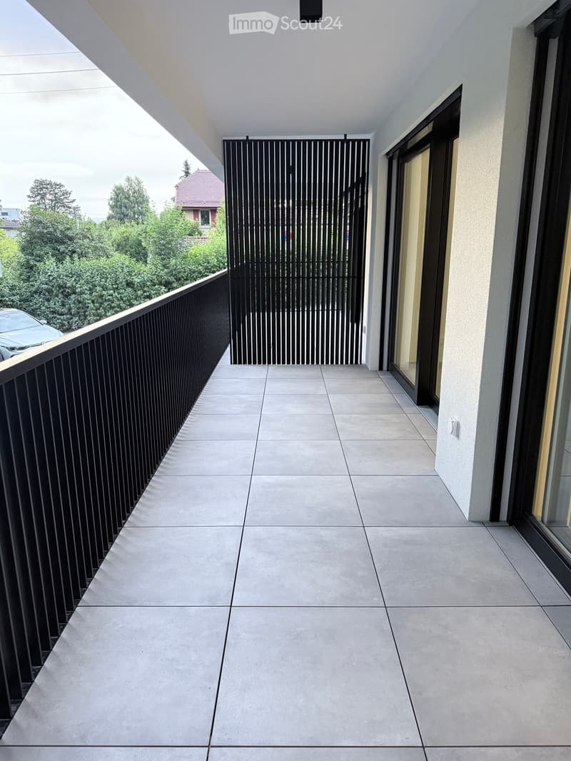 Modern balcony with grey tiled floor, black metal railings, and large windows overlooking a green area with trees and a parked car.