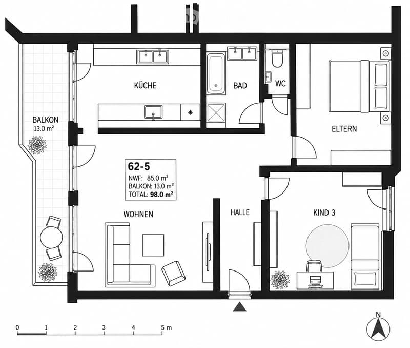 Floor plan of a 98.0 m² apartment with 3 bedrooms, 1 bathroom, kitchen, hallway, and balcony.