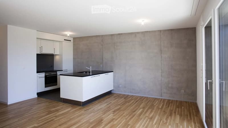 Modern kitchen with white cabinets, black countertop, wooden flooring, and a built-in oven.