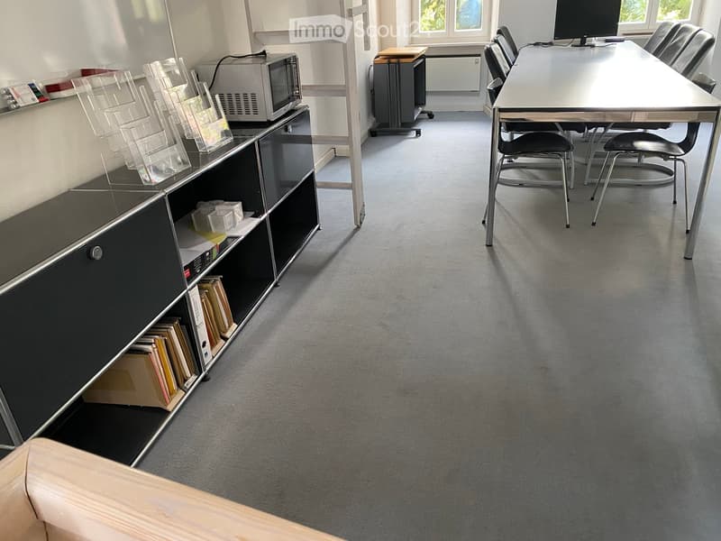 Office space with a long table, chairs, a screen, a cabinet, a shelf, a printer, and a microwave.