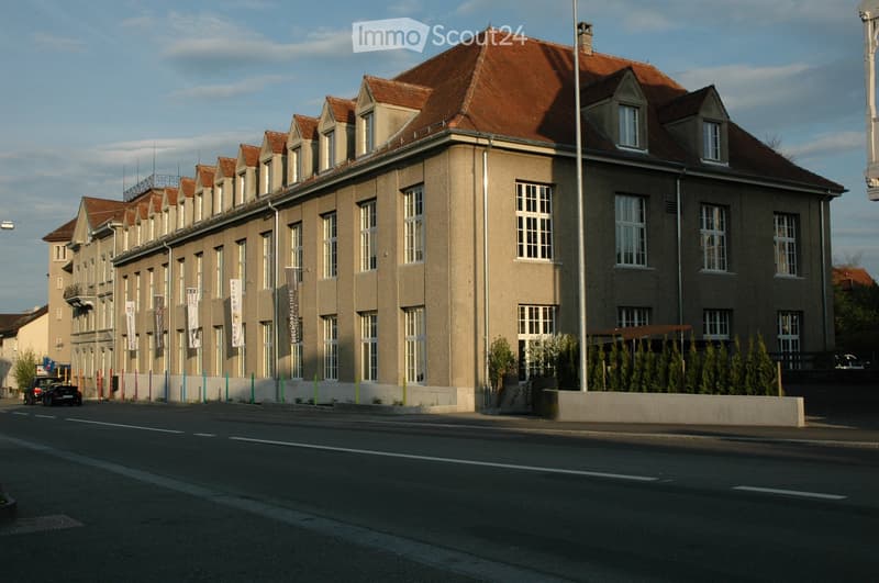 A multi-story building with a red-tiled roof and numerous windows, featuring a beige facade and decorative dormers. The building is situated on a street with a low wall and some greenery in front.