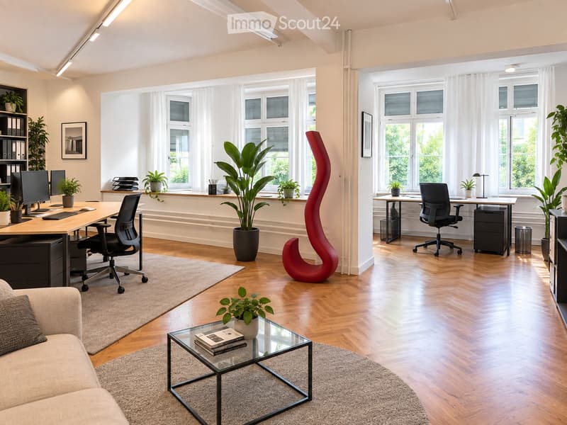 Open-plan living and office space with wooden flooring, large windows, a sofa, coffee table, office desk, office chair, and several potted plants.
