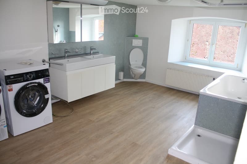 Modern bathroom with white walls, tiled flooring, large mirror, white vanity with double sinks, toilet, and shower area. The washing machine is on the left side.
