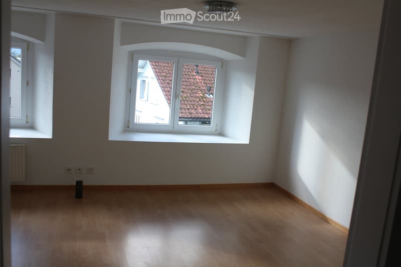 An empty room with white walls, wooden floor, two arched windows, and a radiator next to one of the windows. There are two power outlets on the wall.
