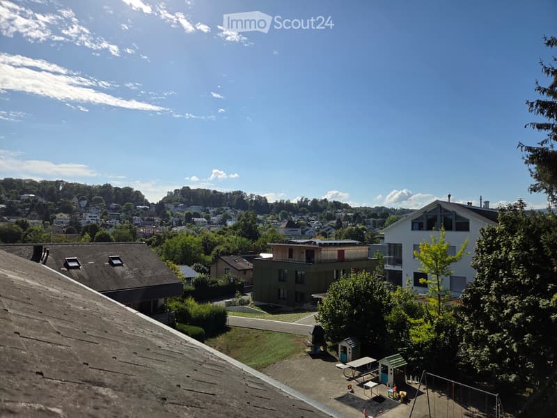 View from a rooftop showing a small garden area with a table, bench, playhouse, and swing, surrounded by trees and neighboring houses.