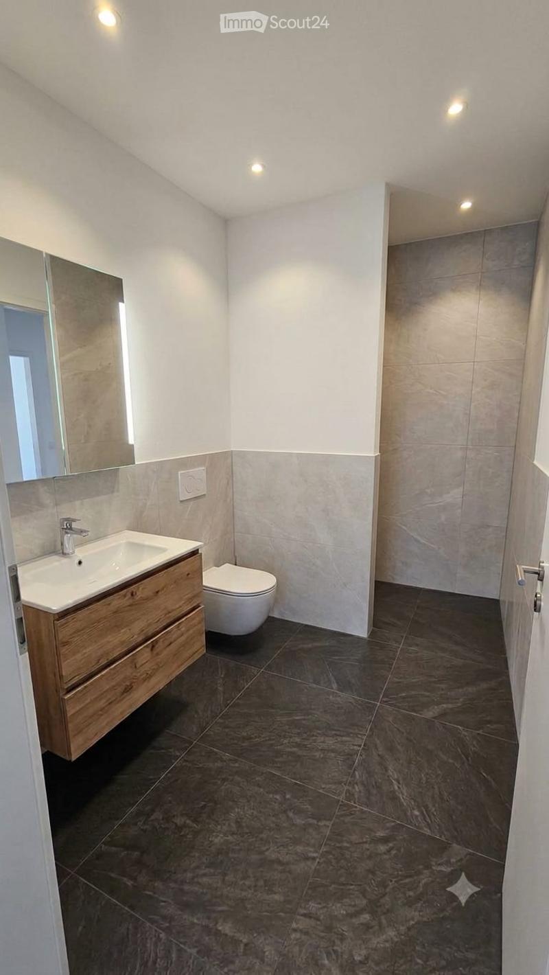 Modern bathroom with dark tiled floor, white walls, wooden vanity with sink, toilet, and large mirror.