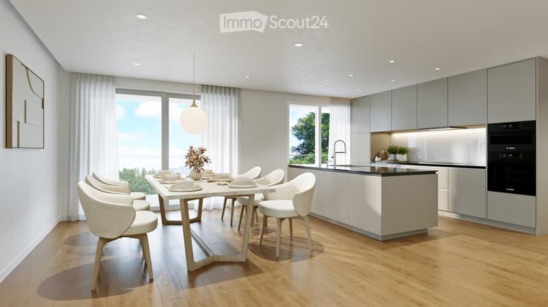 Modern kitchen with white cabinets, wooden floor, dining area with white chairs and table, large windows with curtains, pendant light, and built-in oven.