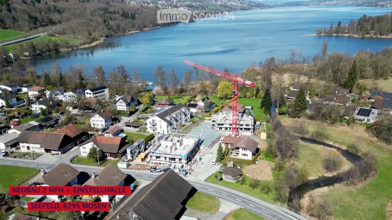 Aerial view of a residential area near a lake, featuring multiple houses, a construction site with a crane, and surrounding greenery.
