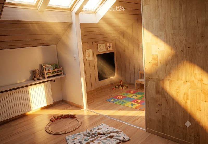 Brightly lit children's room with wooden floors, slanted ceiling, skylights, and various toys including a train set, alphabet mat, wooden blocks, and a small stool. A bookshelf holds books and a teddy bear, and a blanket lies on the floor.