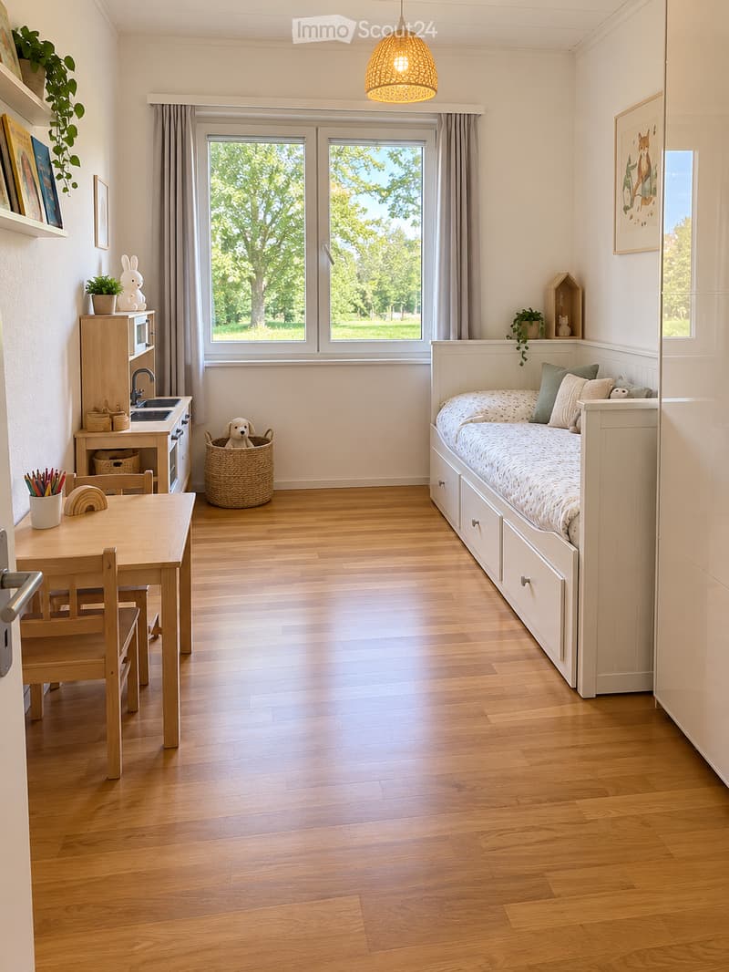 Bright, multi-functional room with a daybed, desk, and small seating area. Features wooden flooring, large windows with a view of greenery, and built-in storage.